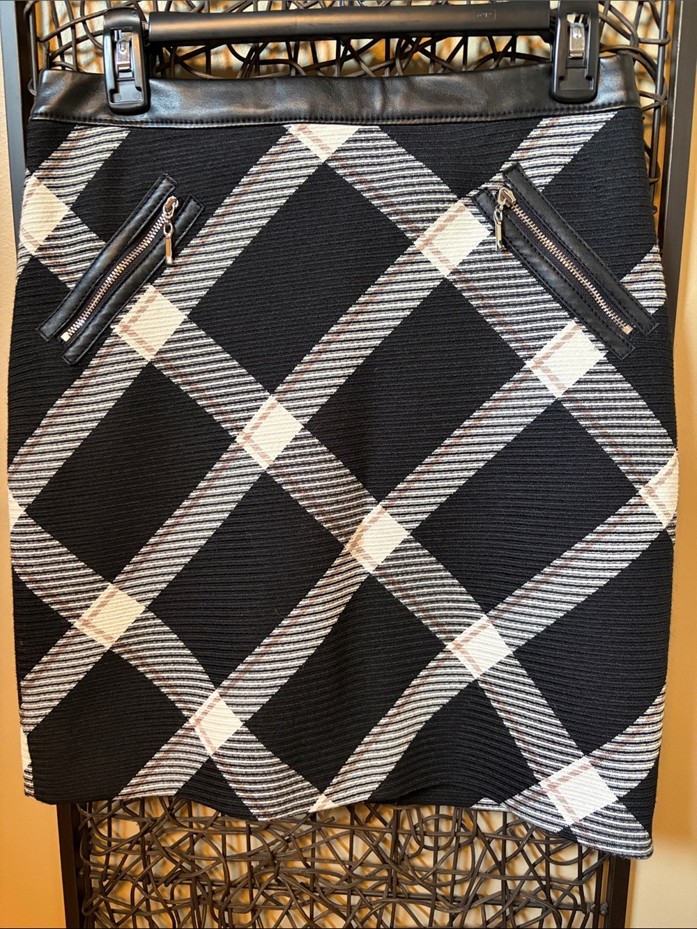 White House Black Market Black Plaid Mini Skirt with White Accents
